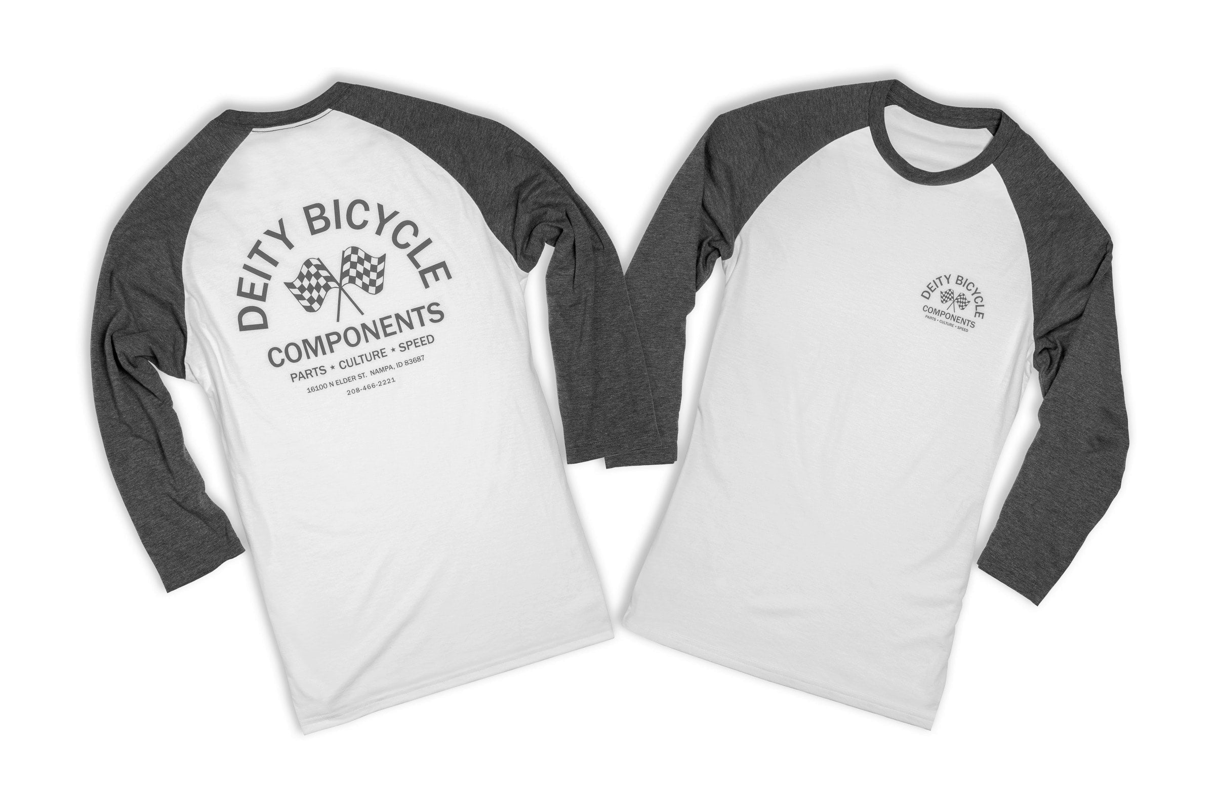 Two long-sleeve raglan t-shirts shown on a white background, displaying the front and back views. The shirts are white with dark gray sleeves and collar trim.