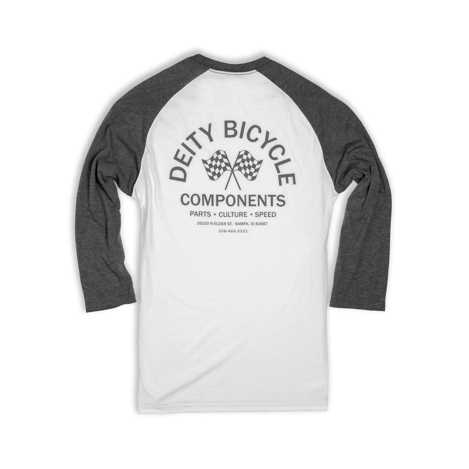 A 3/4 sleeve raglan t-shirt shown from the back, featuring a white body and dark gray sleeves. The back is printed with a black graphic that reads 'DEITY BICYCLE COMPONENTS' with a checkered flag motif.