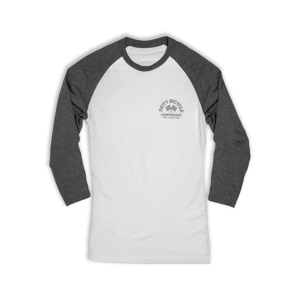 A 3/4 sleeve raglan baseball t-shirt with a white body and dark gray sleeves, featuring a small gray 'Deity' logo on the left chest, displayed on a clean white background.