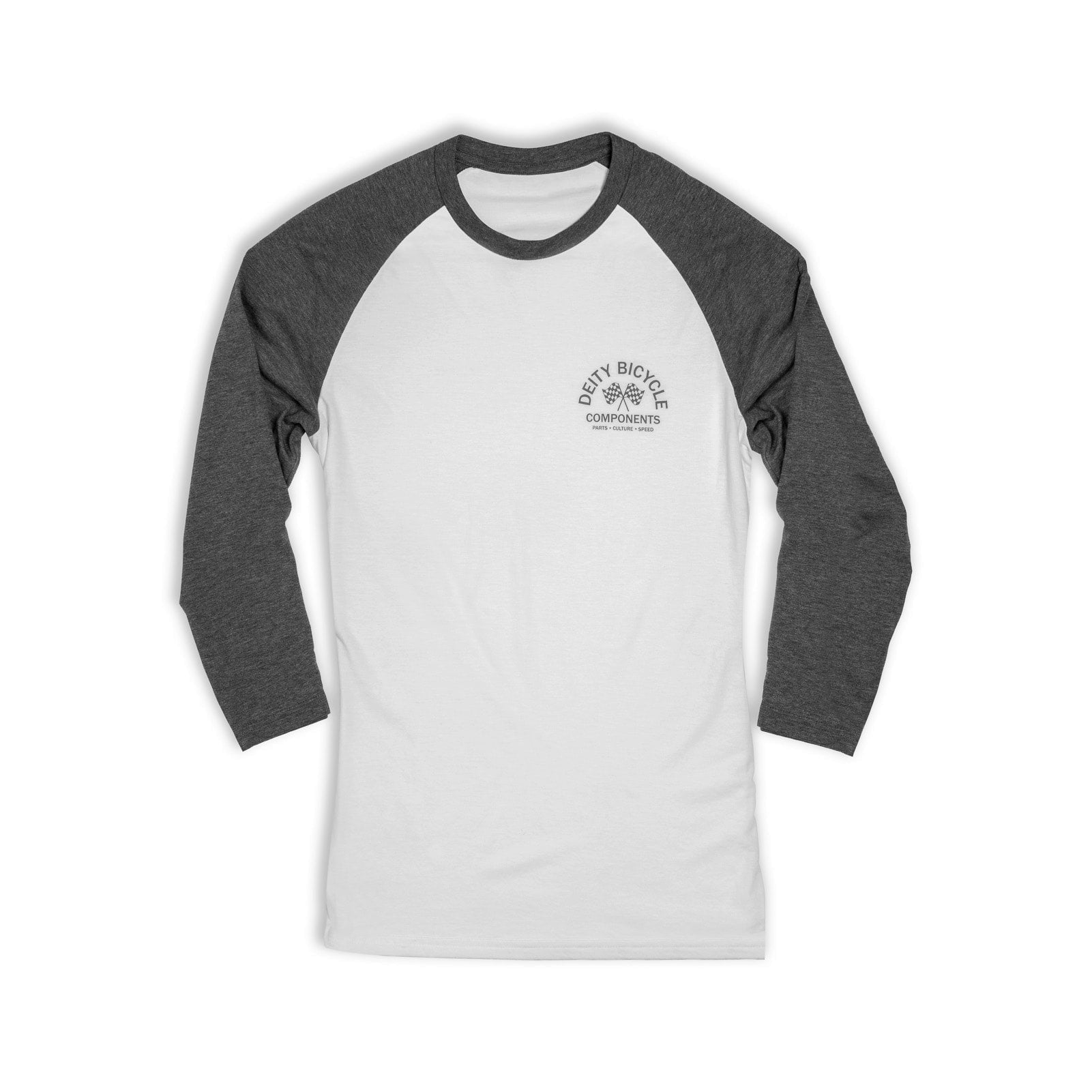 A 3/4 sleeve raglan baseball t-shirt with a white body and dark gray sleeves, featuring a small gray 'Deity' logo on the left chest, displayed on a clean white background.