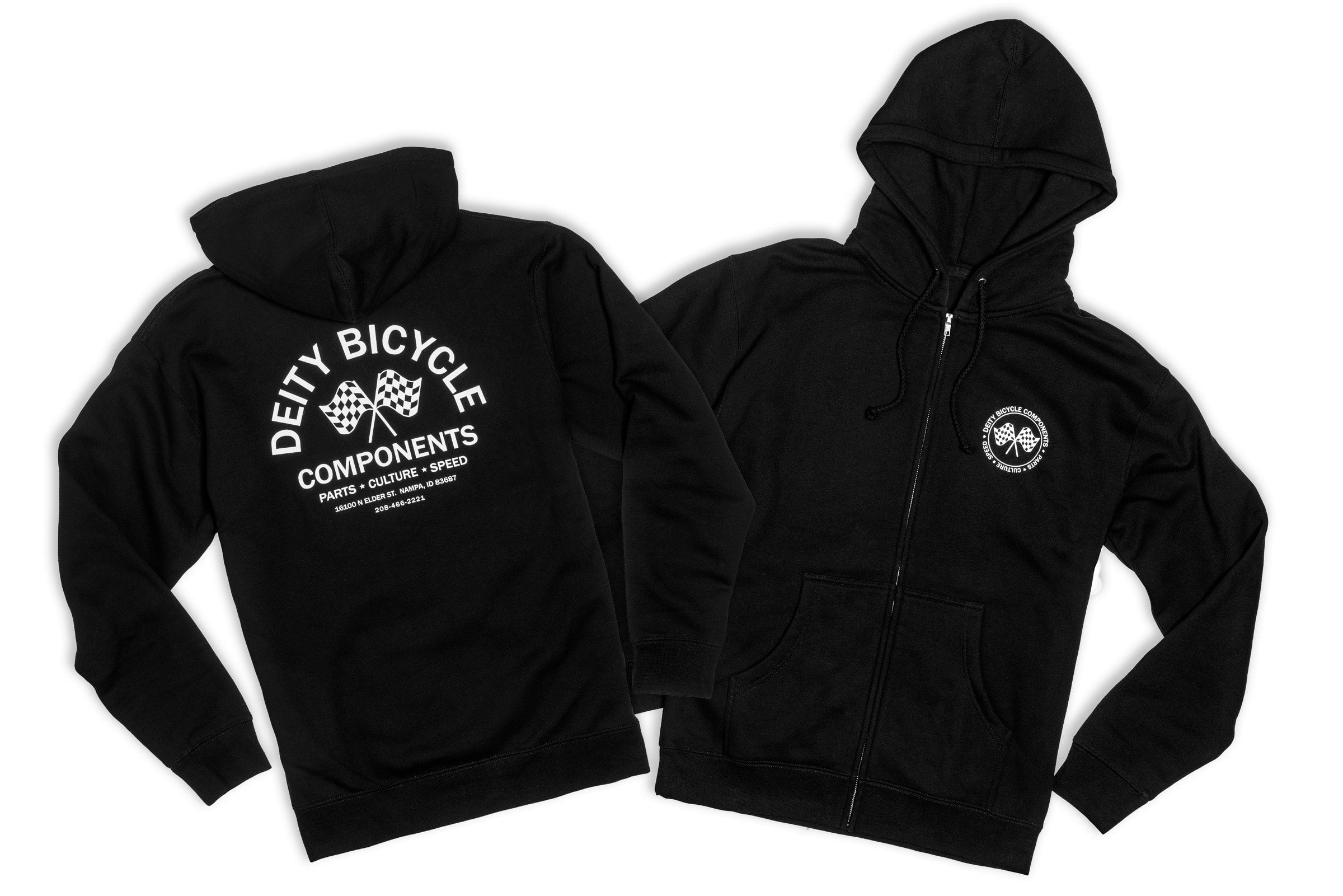 Two black hoodies with white text and logos on a plain background