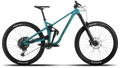 Teal mountain bike with black components on a white background