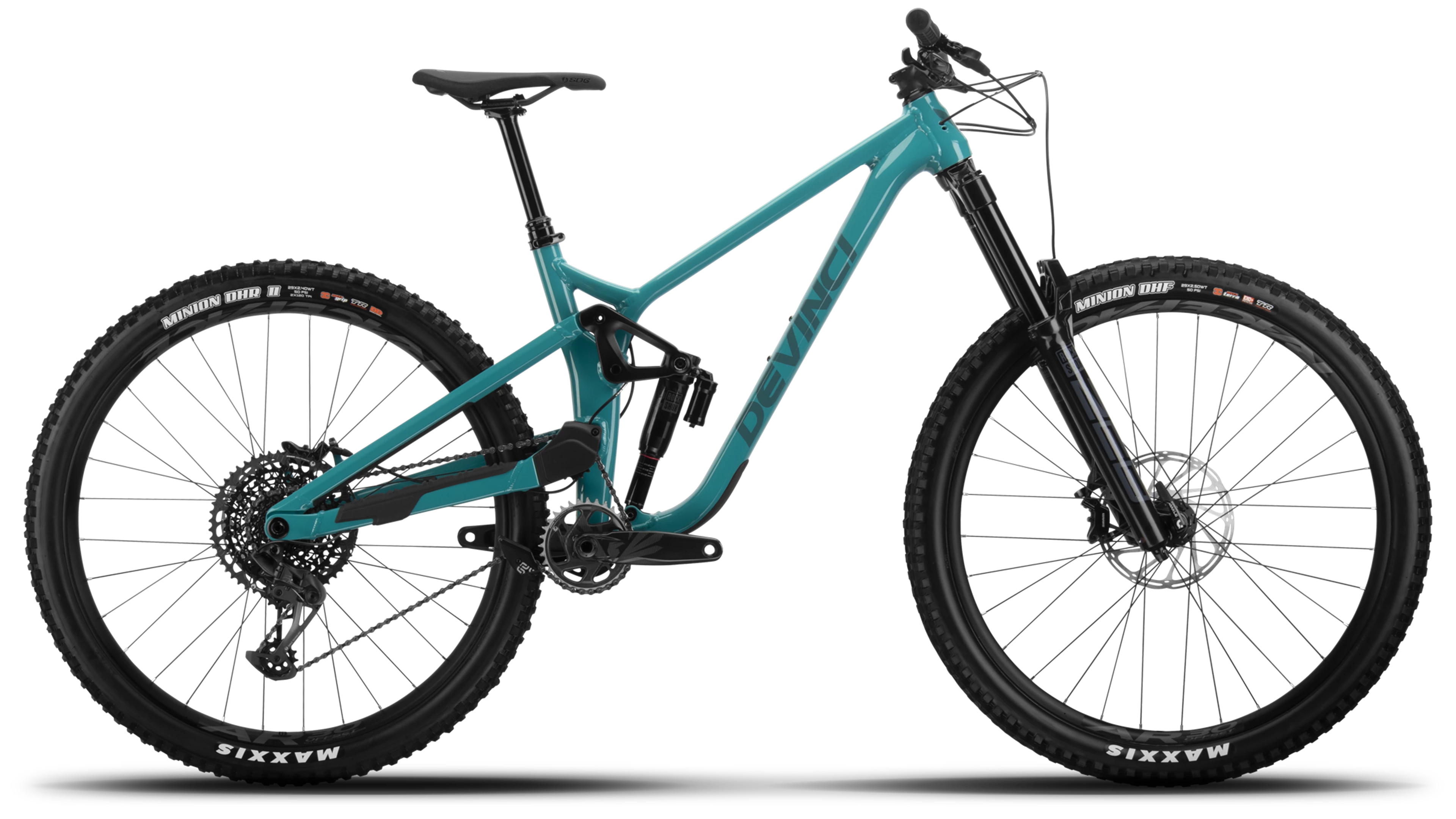 Teal mountain bike with black components on a white background