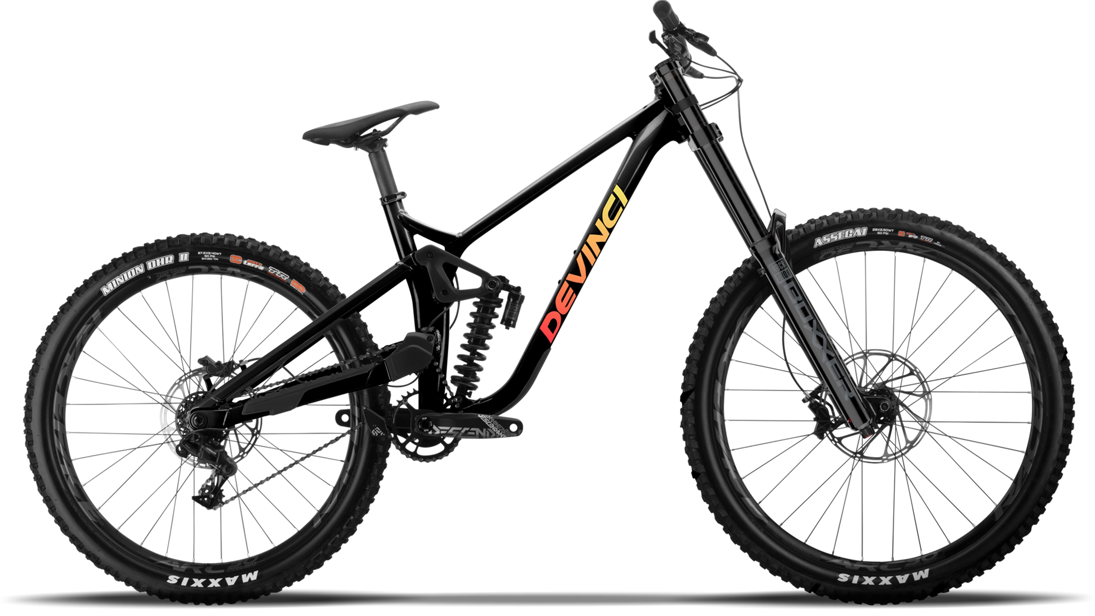 Black mountain bike with visible brand logos on a white background