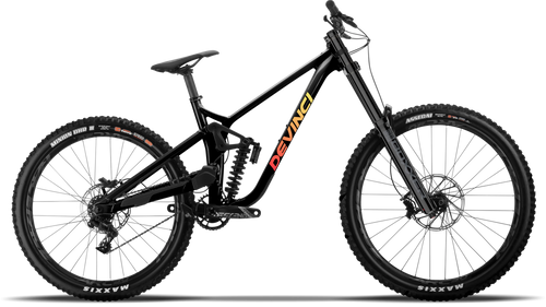 Black mountain bike with visible brand logos on a white background