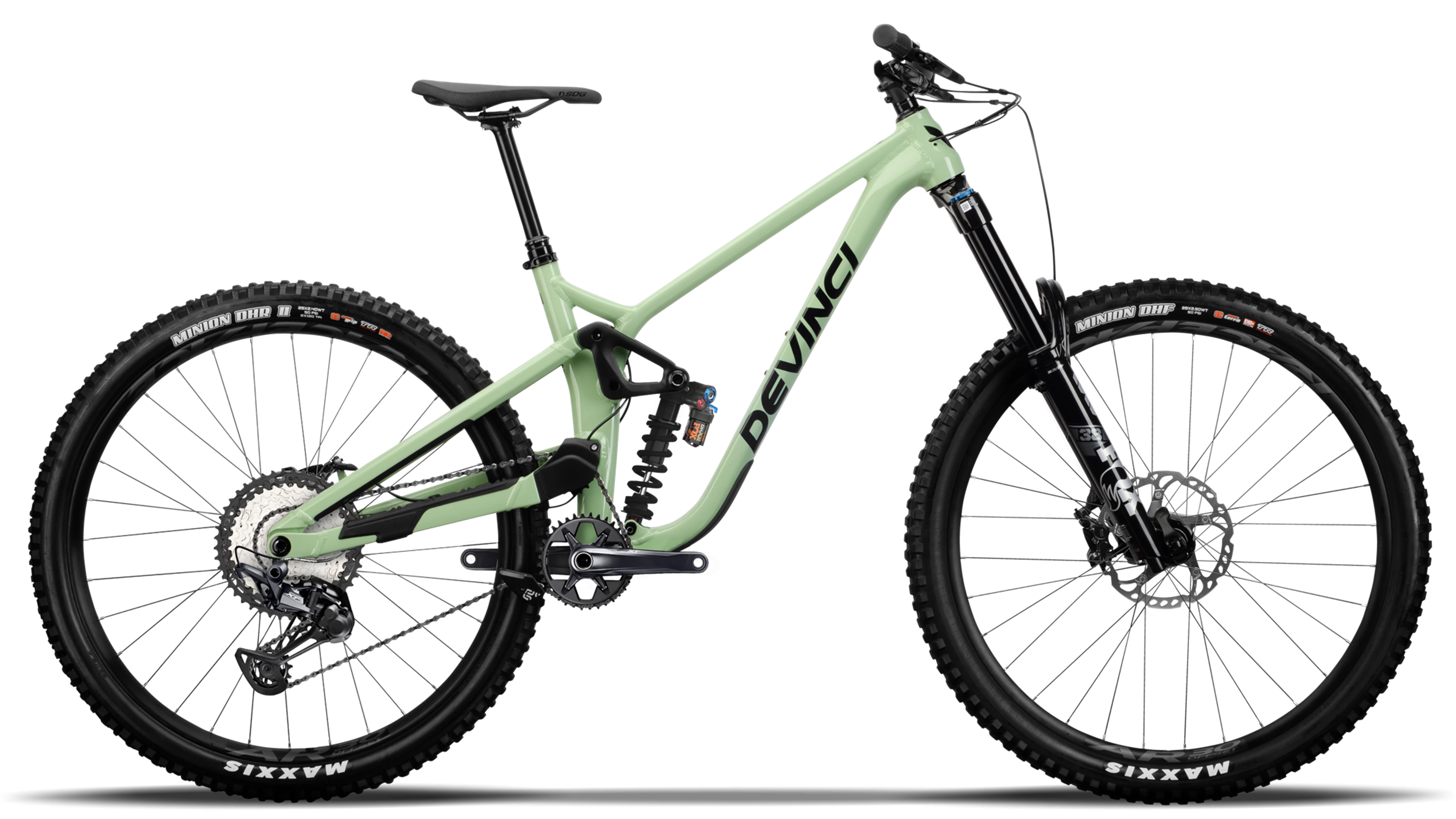 Light green mountain bike with black components on a white background
