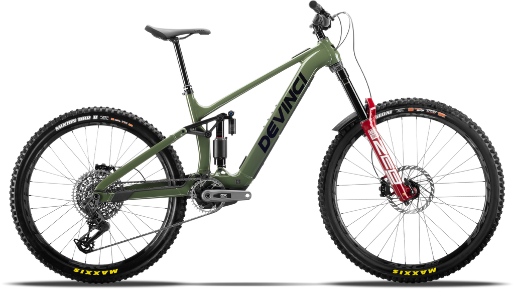 Green Devinci mountain bike on a white background
