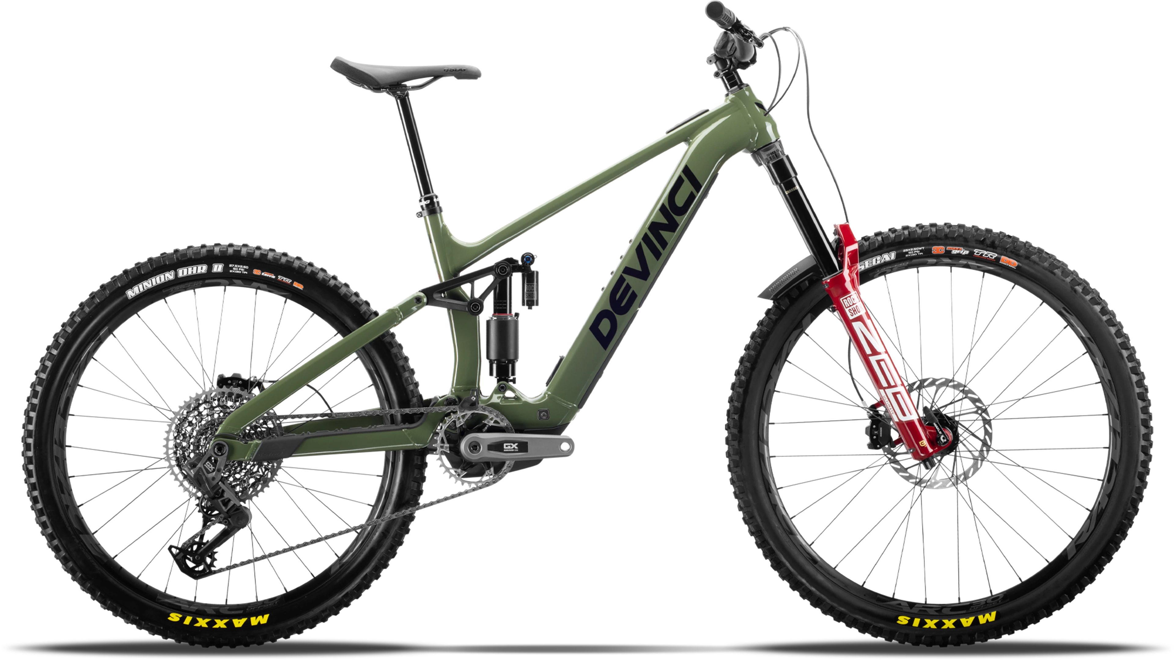 Green Devinci mountain bike on a white background