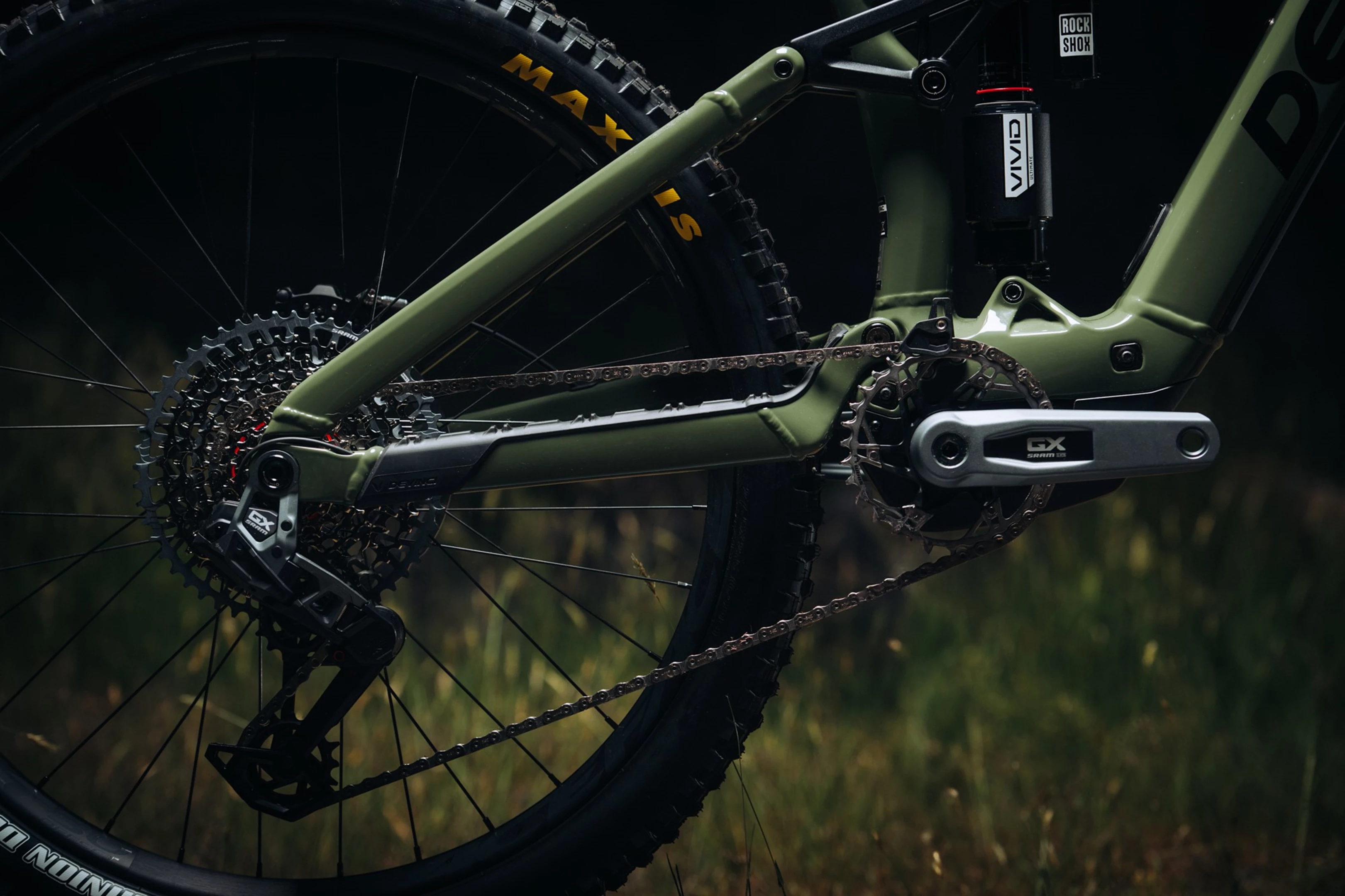 Close-up of a bicycle chain and gear system with a blurred natural background