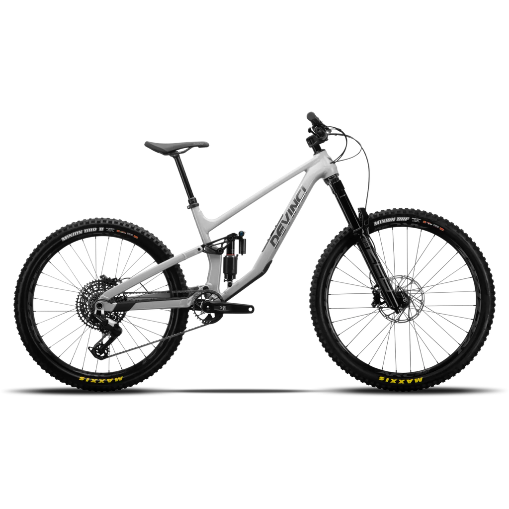 White mountain bike with black components on a white background