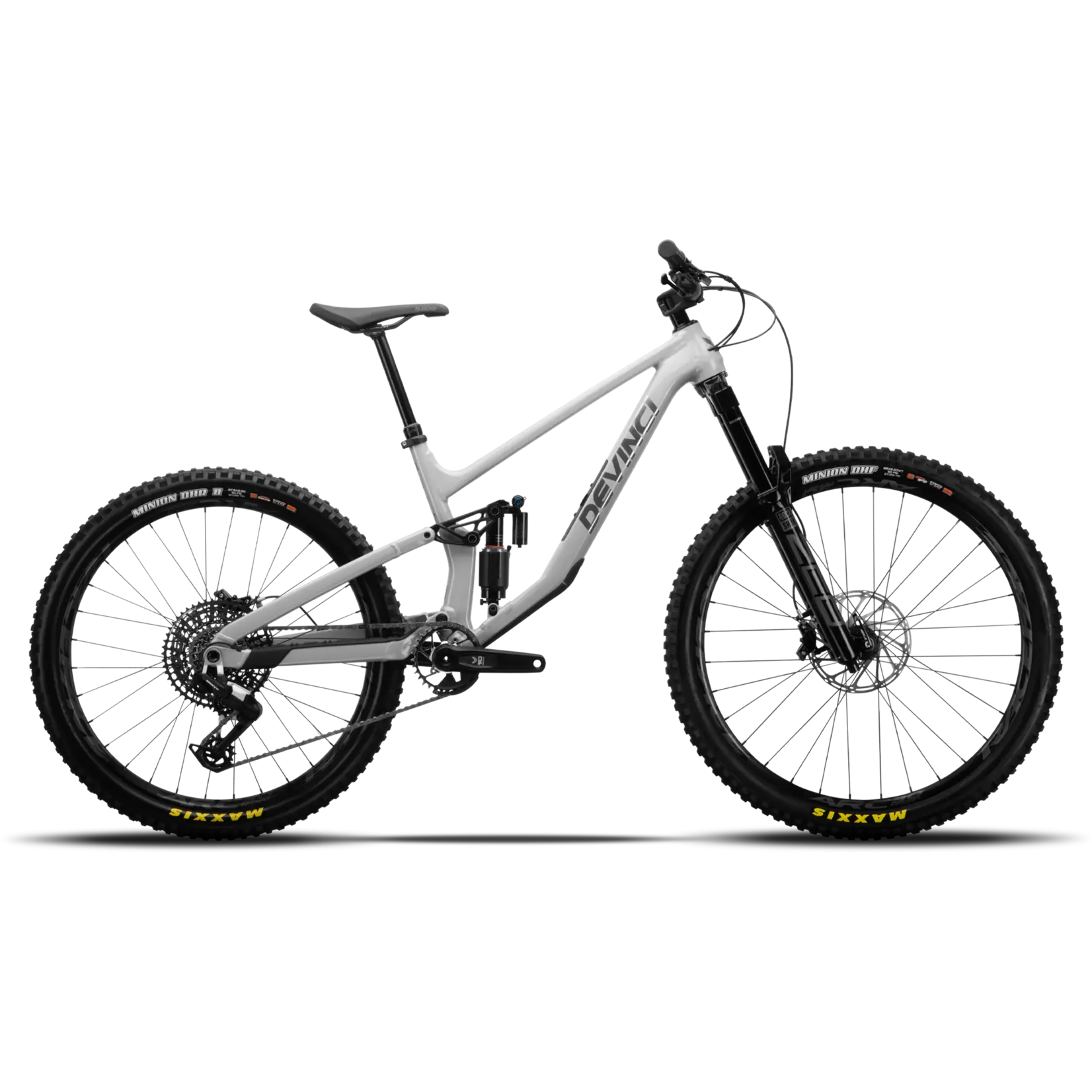 White mountain bike with black components on a white background