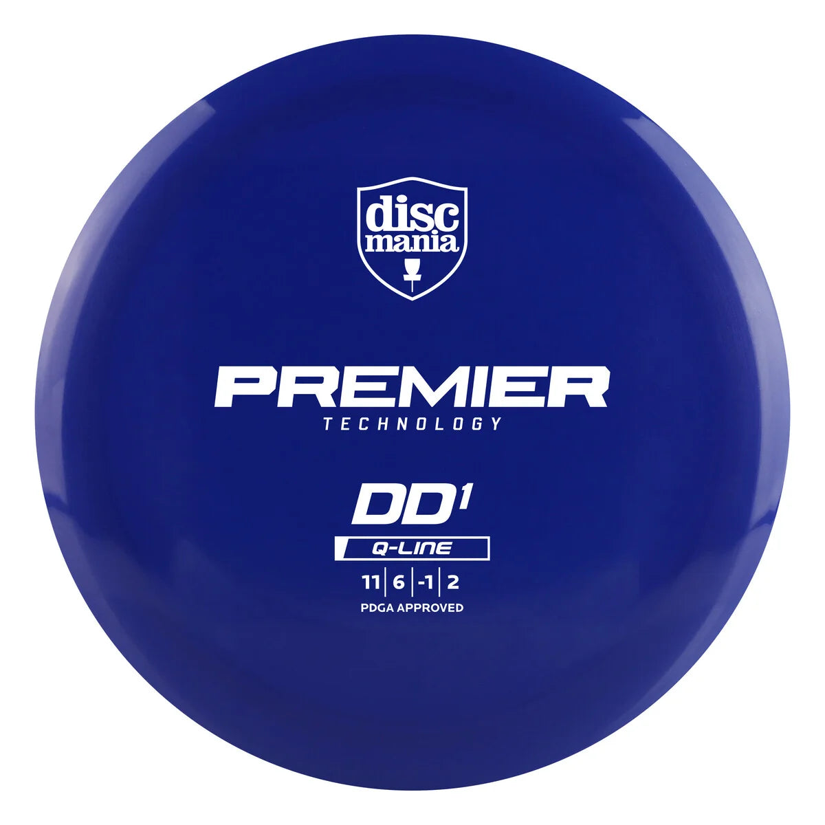 A blue disc golf disc with white printed text and logos, including the Discmania shield logo and 'Premier Technology DD1 q-line' text, shown on a plain white background.
