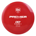 A red Discmania Premier Technology DD1 Q-Line disc golf disc on a solid white background.