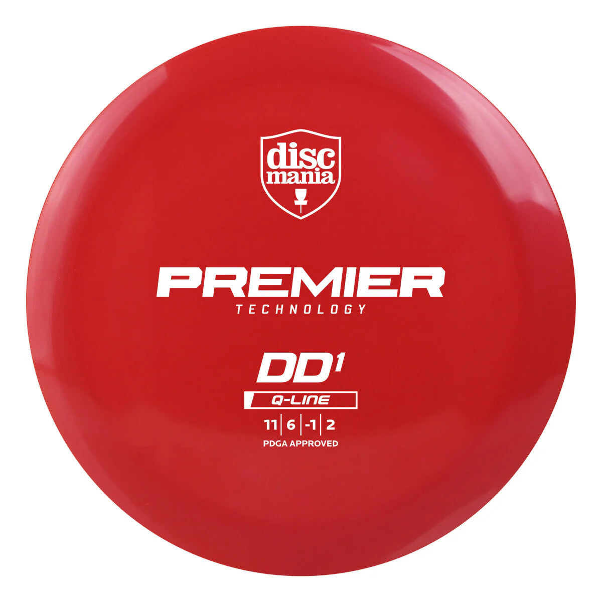 A red Discmania Premier Technology DD1 Q-Line disc golf disc on a solid white background.