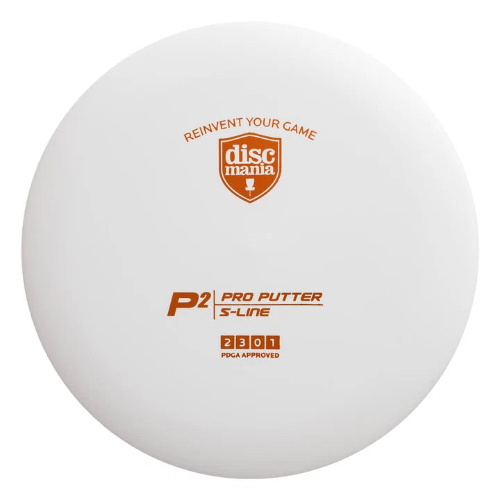 A white Discmania P2 Pro Putter S-Line disc golf disc with orange printed text and logo, shown against a plain white background.