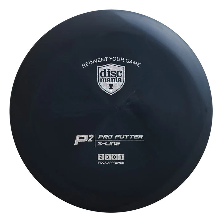 Black disc with Discmania branding and text on a white background