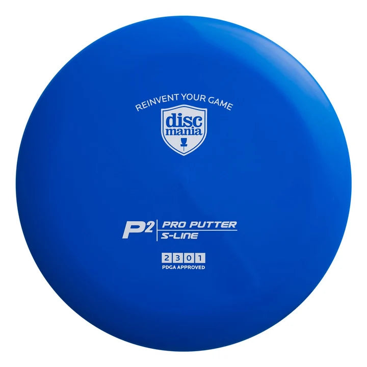 A blue Discmania P2 Pro Putter S-Line disc golf disc on a solid white background.