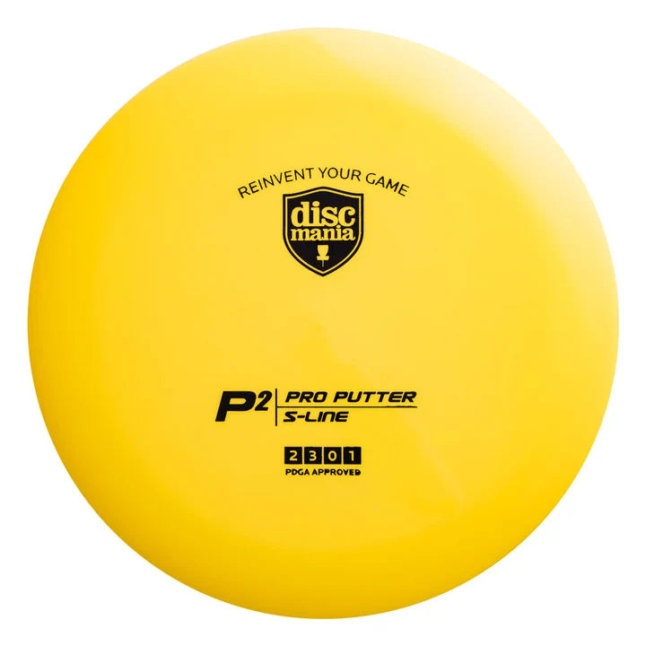 A bright yellow Discmania P2 Pro Putter S-Line disc golf putter on a clean white background.