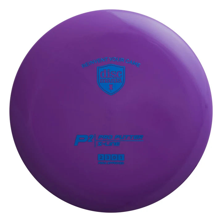 Purple disc golf putter with blue text on a white background