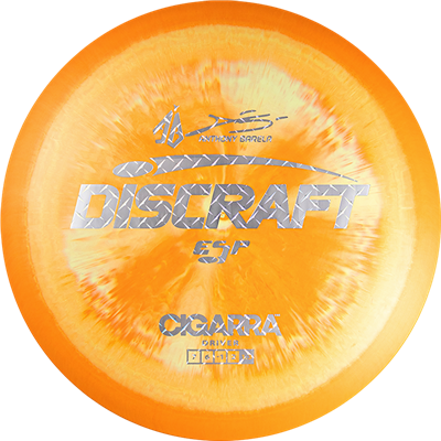 Discraft ESP disc golf disc with orange and yellow design on a white background