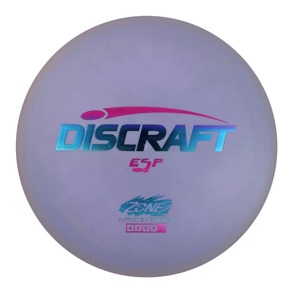 A Discraft ESP ZONE disc golf disc in a light lavender-purple color, featuring holographic blue and pink branding.