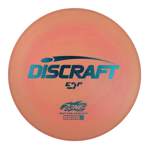 A Discraft ESP putter and approach disc golf disc in a peach-orange colorway with blue and teal printed graphics, isolated on a white background.