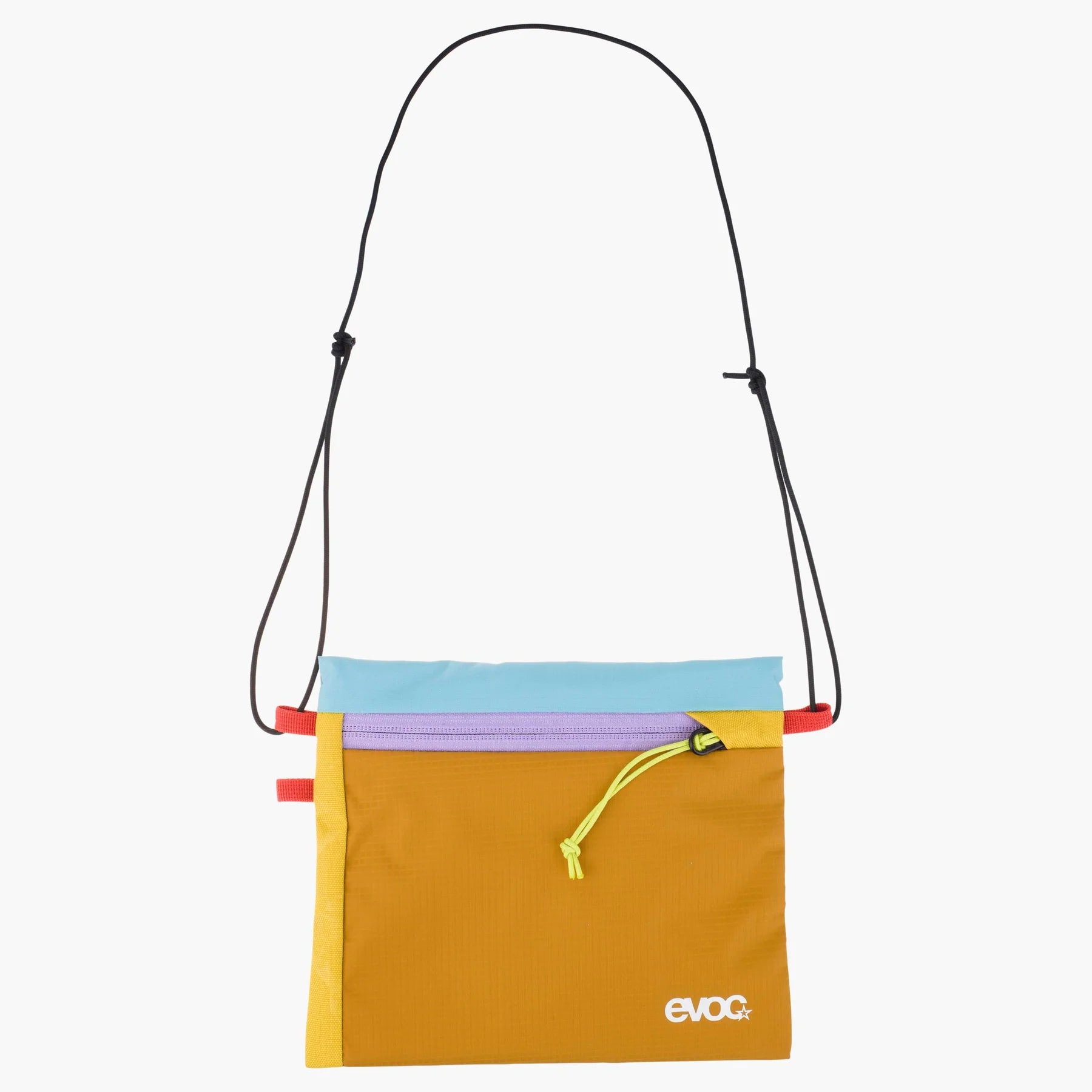 A multicolor crossbody bag by EVOC, featuring a mustard yellow front pocket with a white logo, a light blue top section, and pastel purple and yellow side panels, complete with a black adjustable strap.