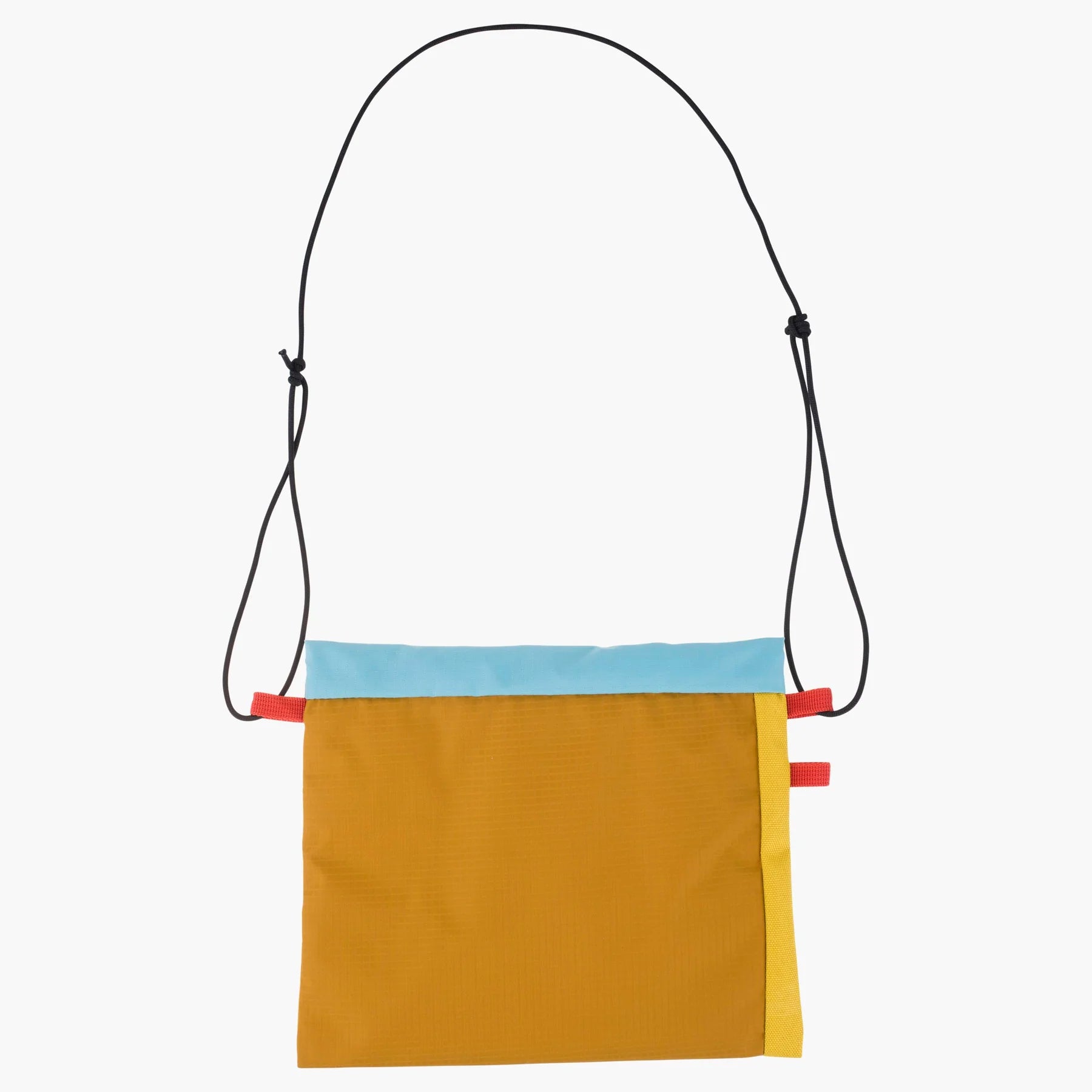 A colorful crossbody bag with a mustard yellow body, a light blue horizontal stripe, a yellow vertical stripe, and a black adjustable shoulder strap, shown against a plain white background.