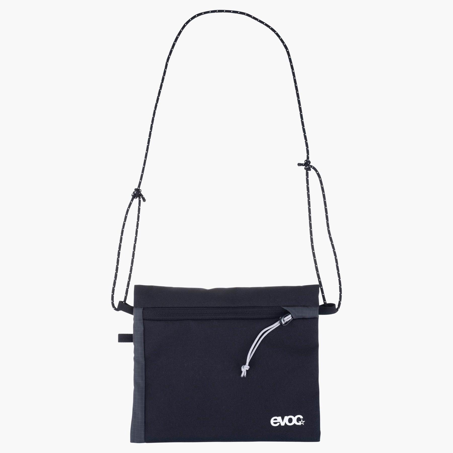 A black Evoc crossbody bag with a long black shoulder strap, a front zip pocket, and a white Evoc logo on the bottom right, shown against a plain white background.