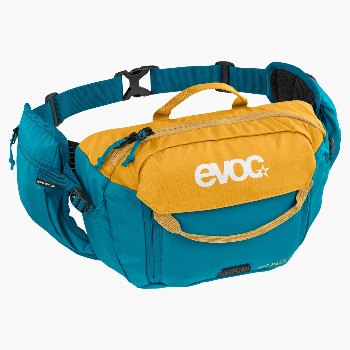 A teal and mustard yellow Evoc Pack waist bag with a white logo on the front, shown on a clean white background.