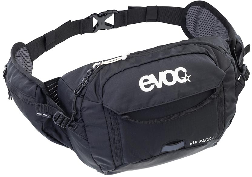 A black Evoc Hip Pack 3 fanny pack with a white logo on the front, featuring multiple zippered compartments and an adjustable waist strap, shown against a plain white background.