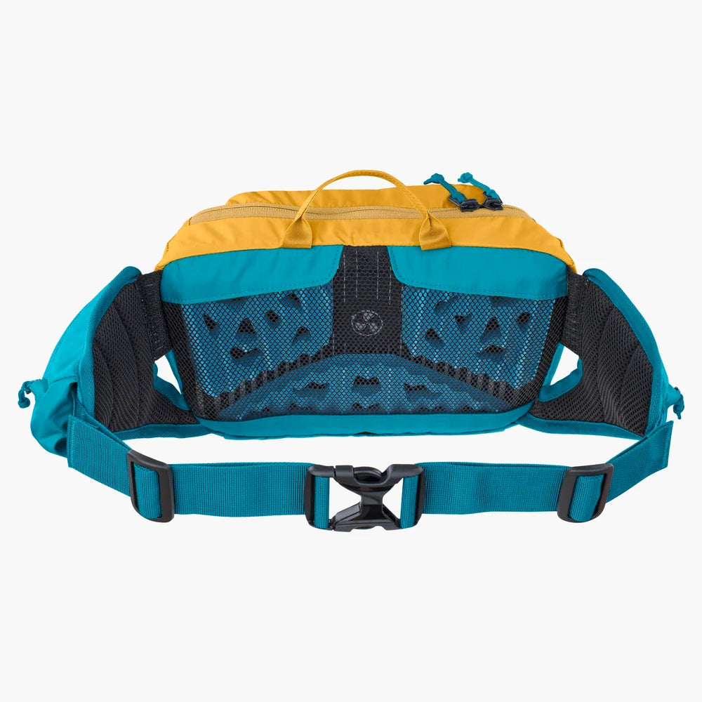 Backpack with blue and yellow design on a white background