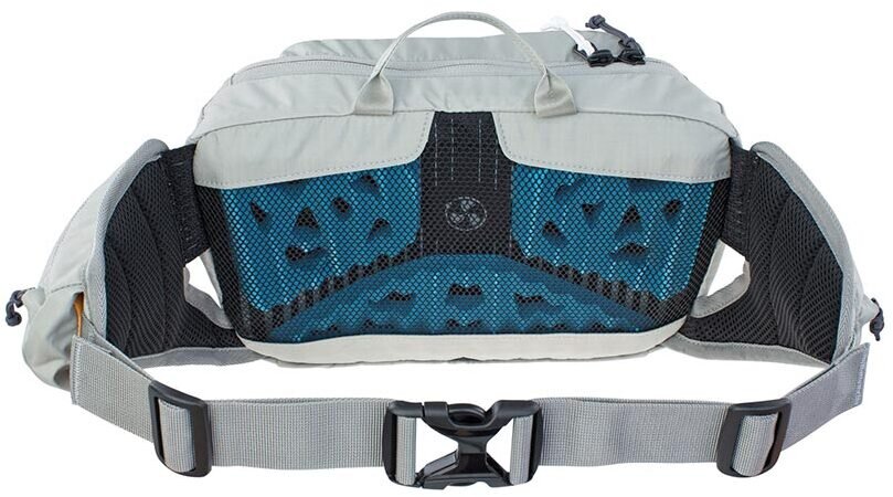 A light gray and teal mesh waist bag with a gray adjustable strap and black plastic buckle, shown against a plain white background.