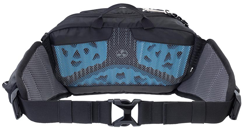 A black waist bag with blue mesh side panels and a black adjustable webbing belt with a quick-release plastic buckle, shown against a plain white background.