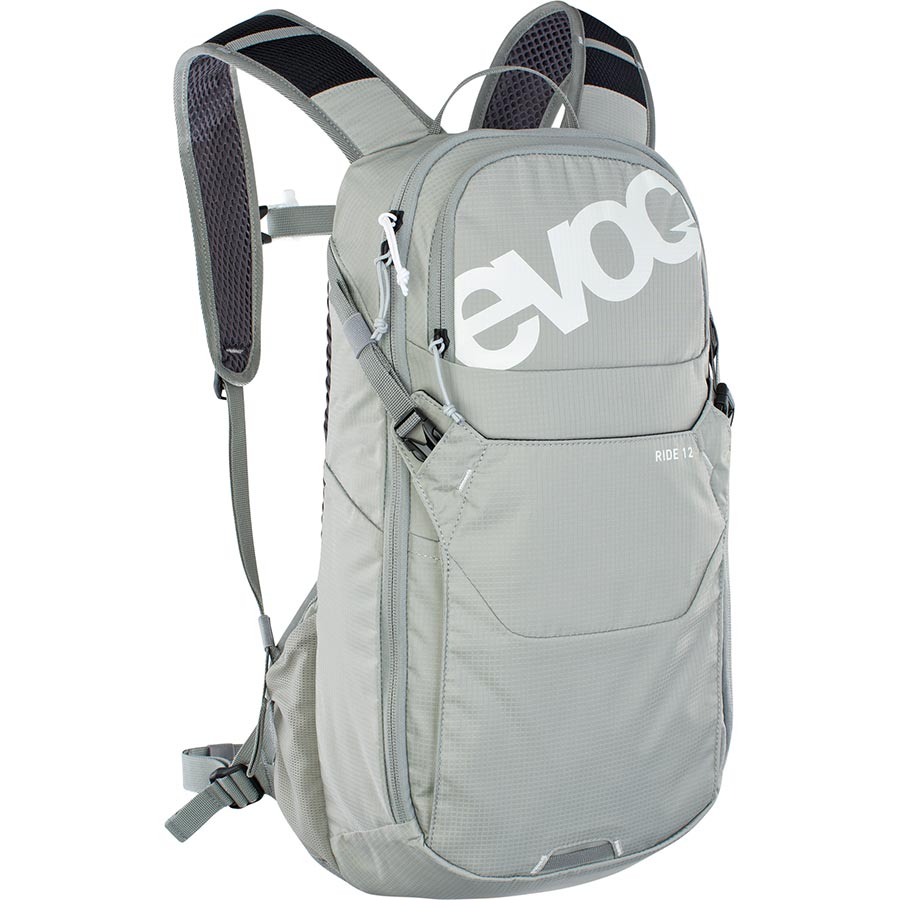 Gray backpack with 'evoc' branding on a white background