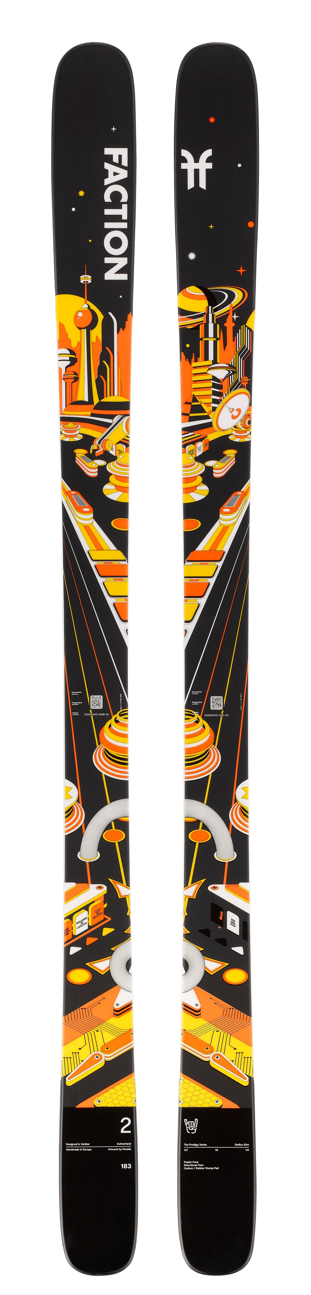 Pair of Faction skis with colorful design on a white background