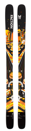Pair of Faction skis with colorful design on a white background