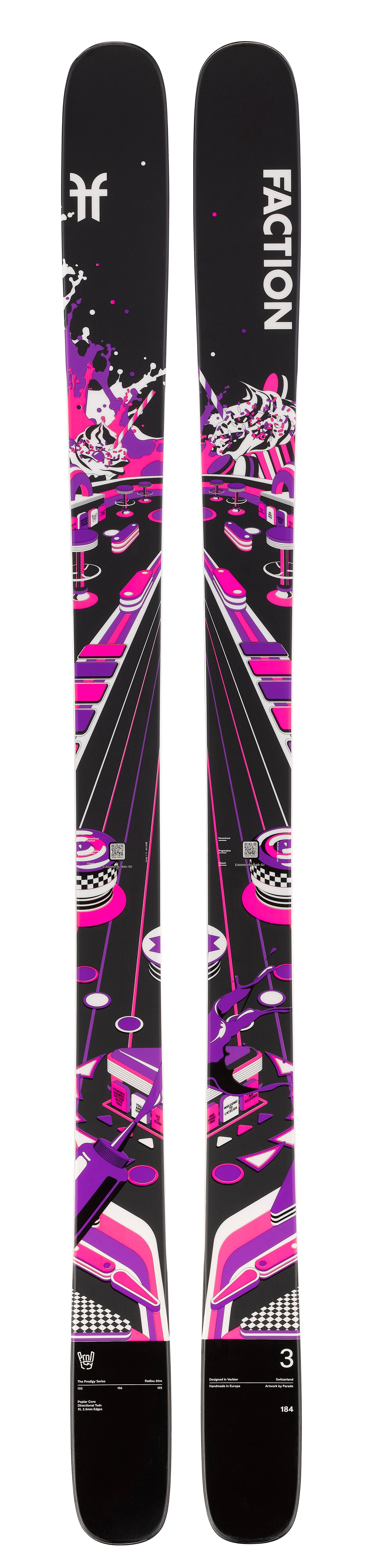 Two Faction skis with a colorful design on a black background