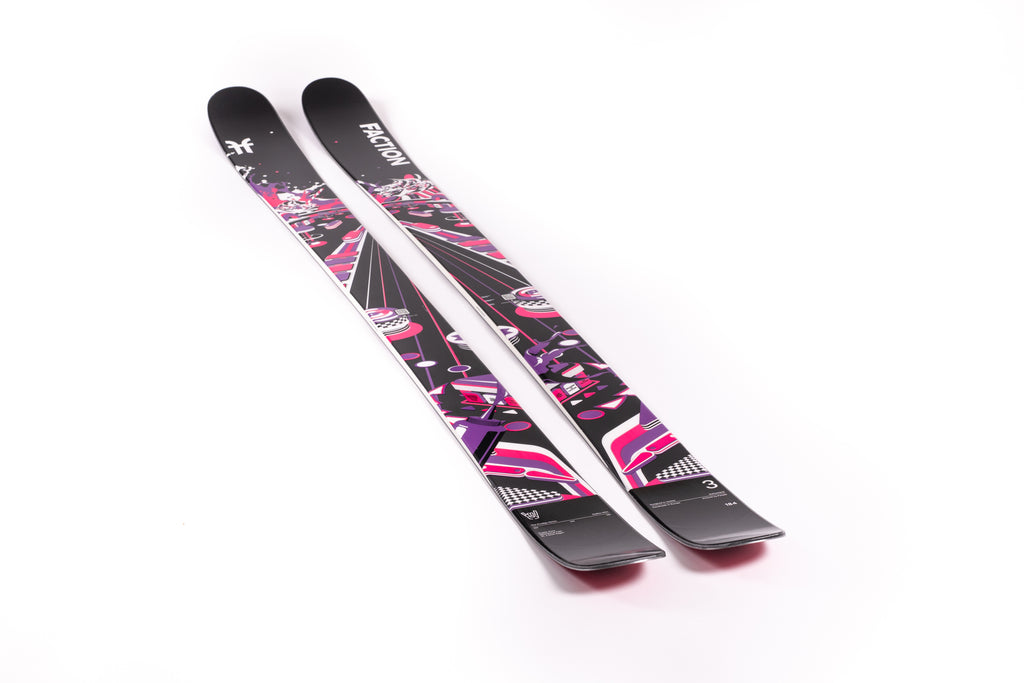 Pair of skis with a pink and black design on a white background