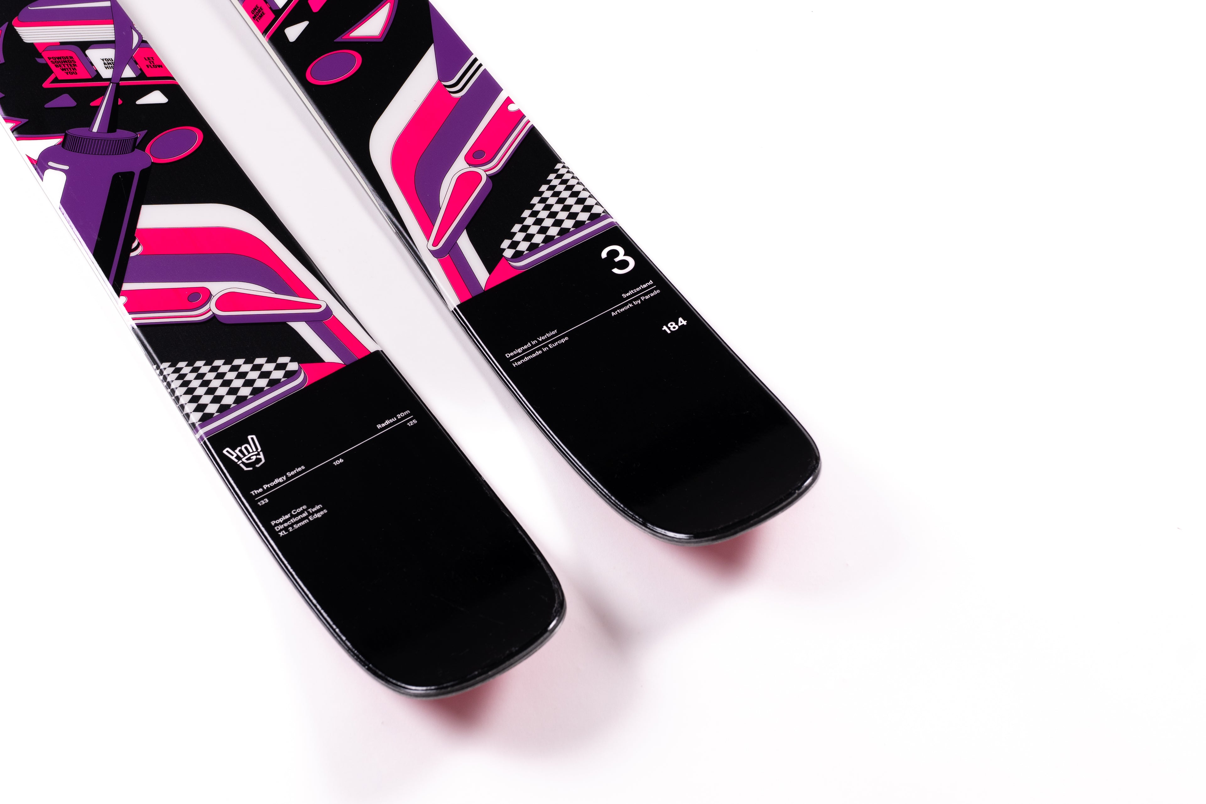 Two skis with a colorful design on a white background