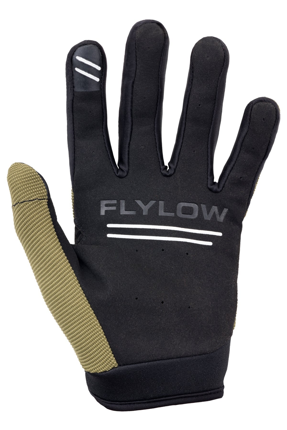 Black glove with Flylow branding on a white background
