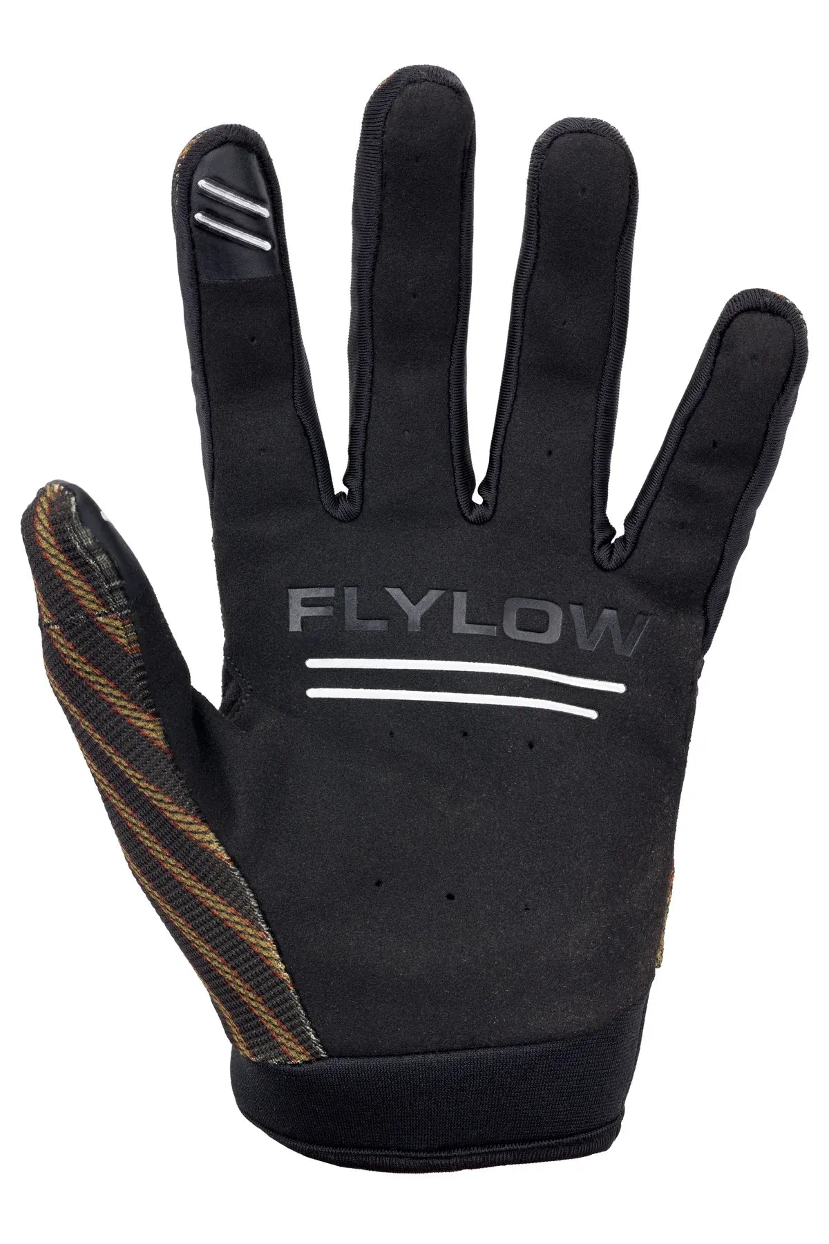 Black glove with Flylow branding on a white background