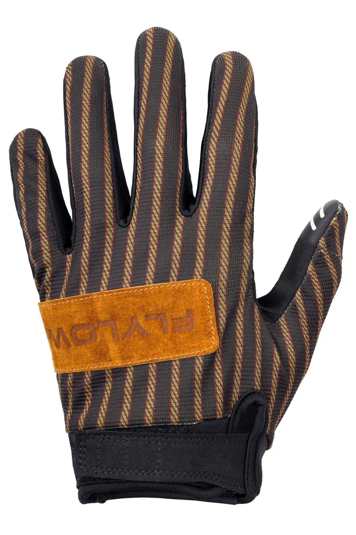 Glove with brown and black striped pattern and orange Flylow logo on a white background