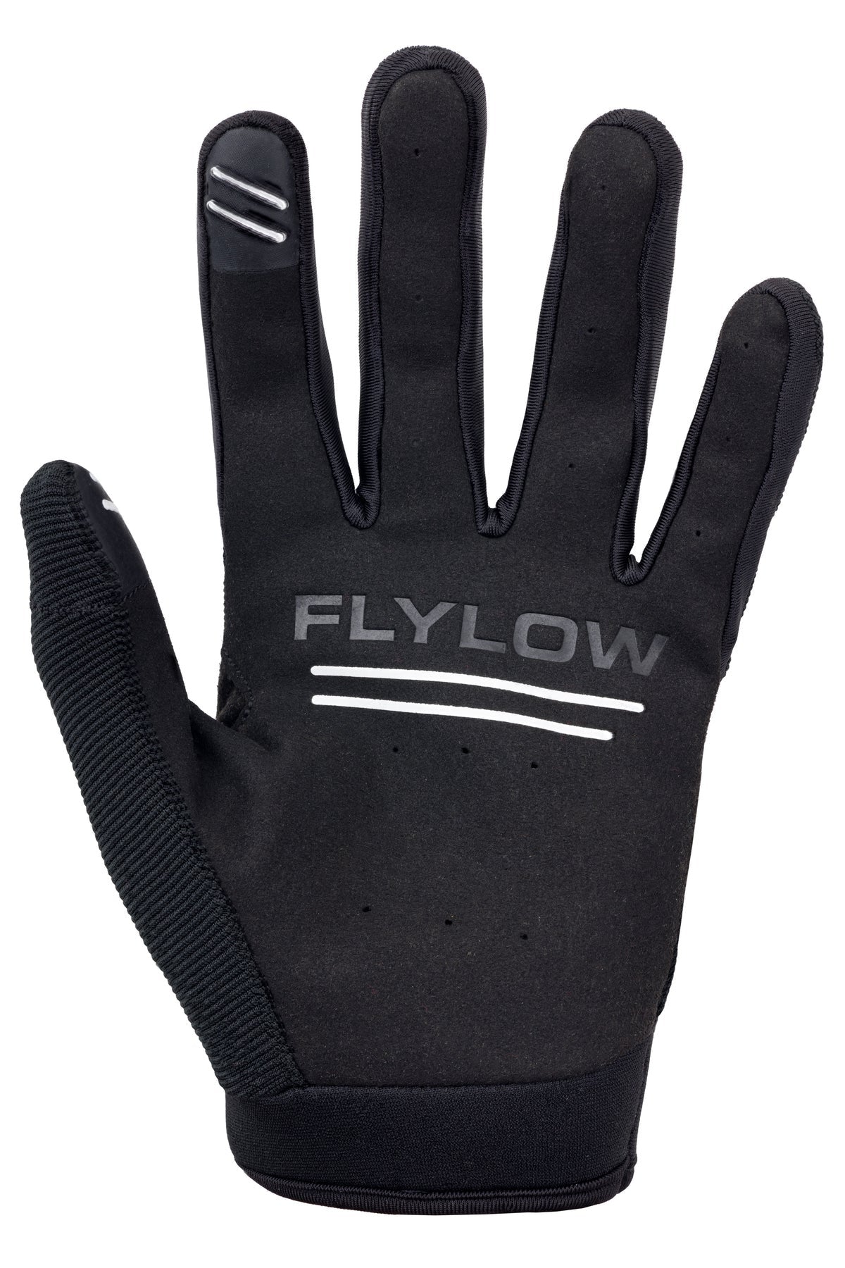 Black glove with Flylow logo on a white background
