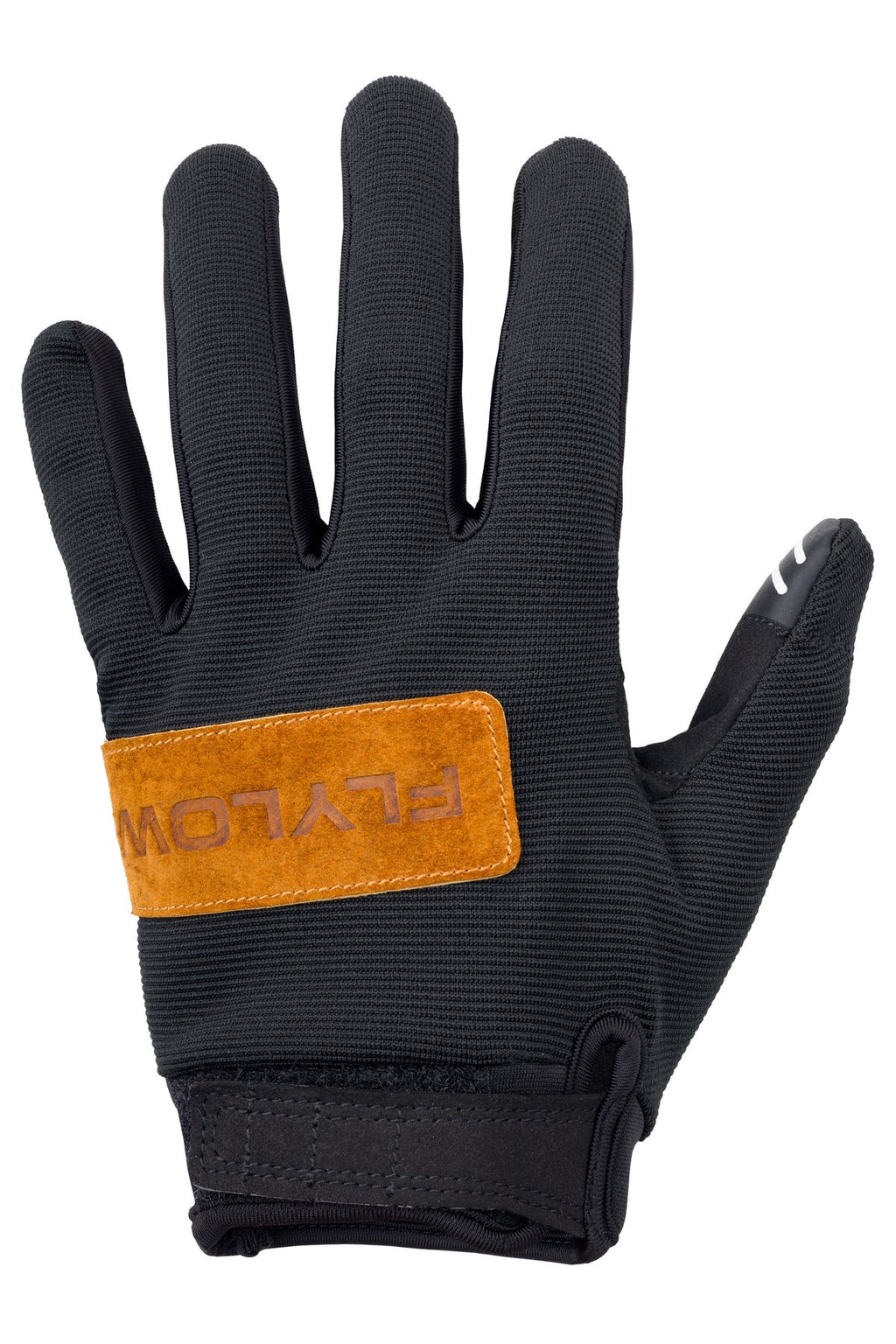 Black glove with orange Flylow logo on a white background