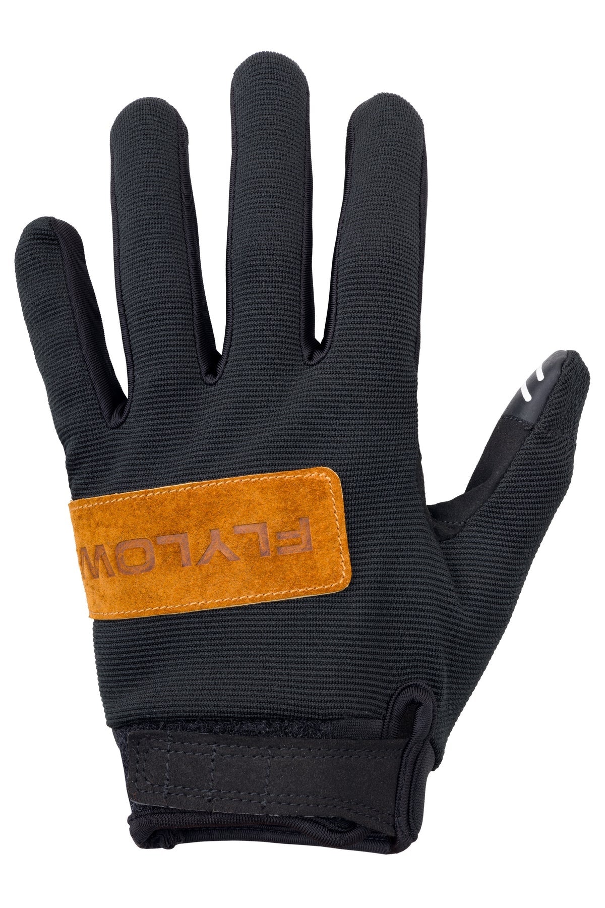 Black glove with orange Flylow logo on a white background