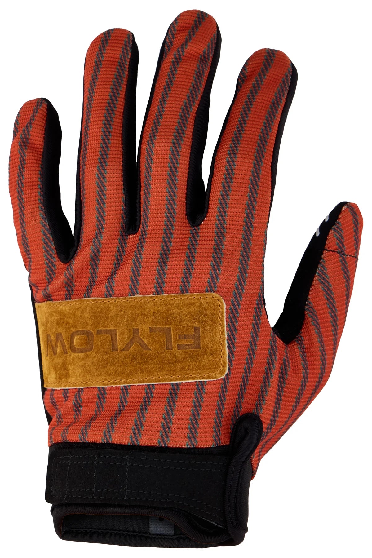 Red and black striped glove with a brown patch on a white background