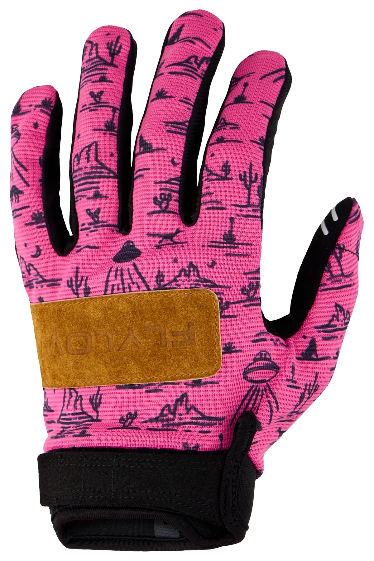 Pink mountain biking glove with black pattern on a white background