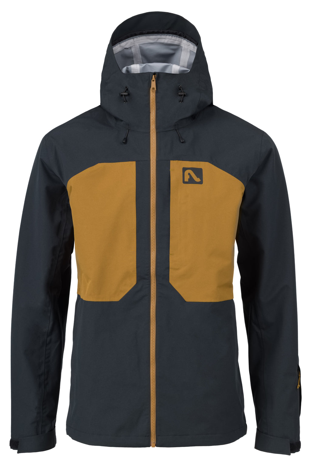 Two-tone jacket with black and mustard yellow sections on a white background
