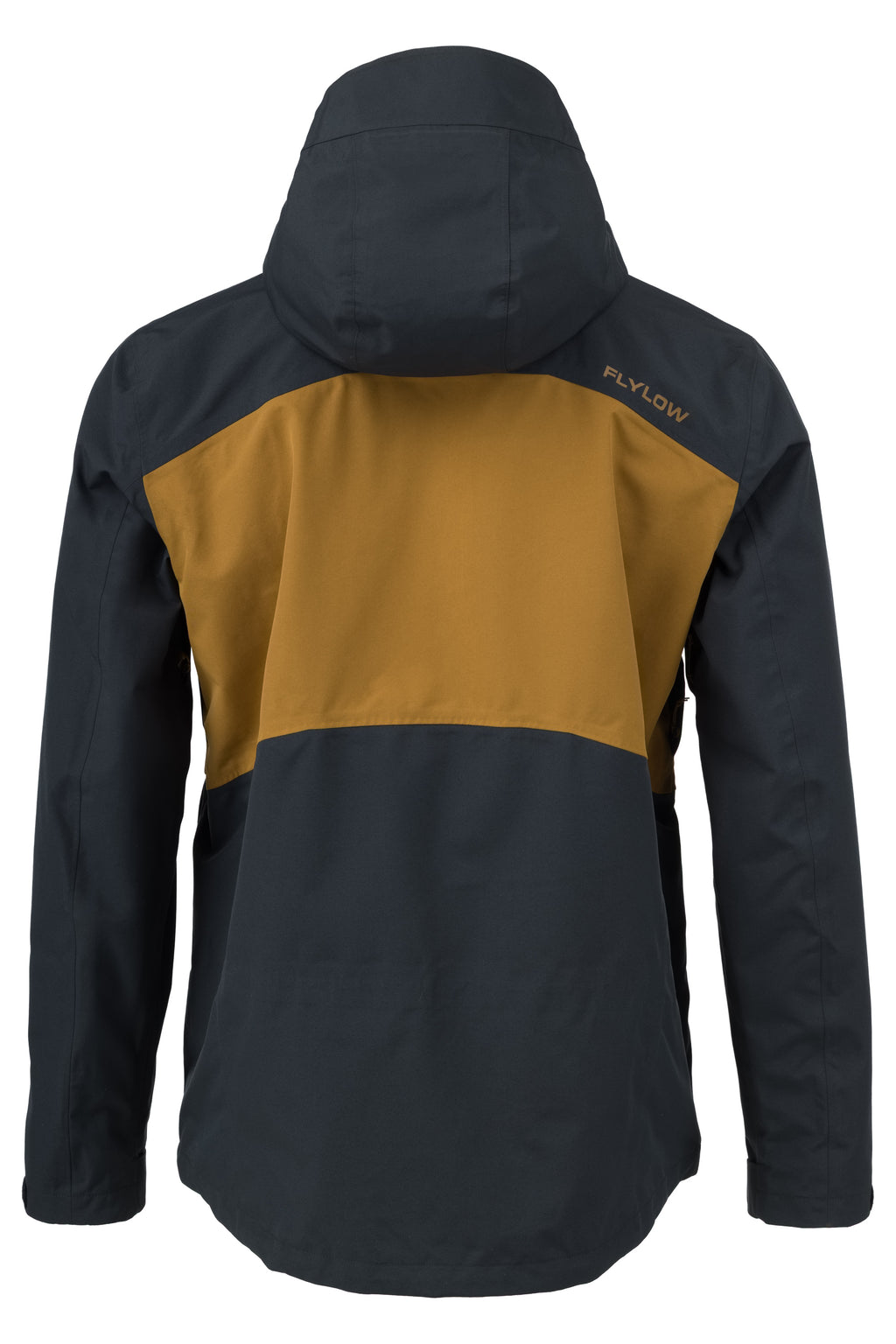 Two-tone jacket with black and mustard yellow sections on a white background